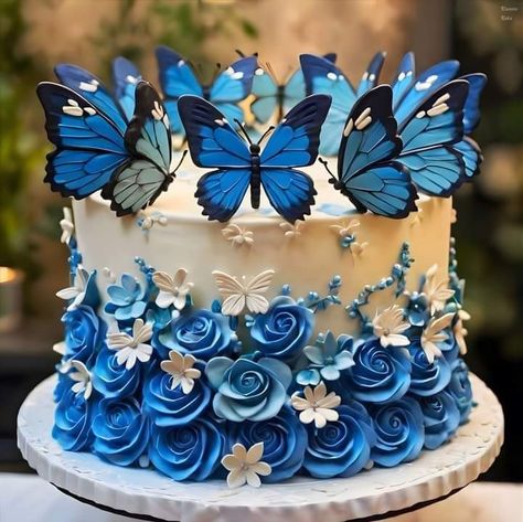 Royal Blue Quinceanera Cake Ideas, Quinceañera Cake Ideas Royal Blue, Royal Blue Cake Quinceanera With Butterflies, Blue Butterfly Quinceanera Theme Cake, Blue Cake Butterfly, Royal Blue Cake, Quince Cakes, Purple Cakes Birthday, Purple Cakes