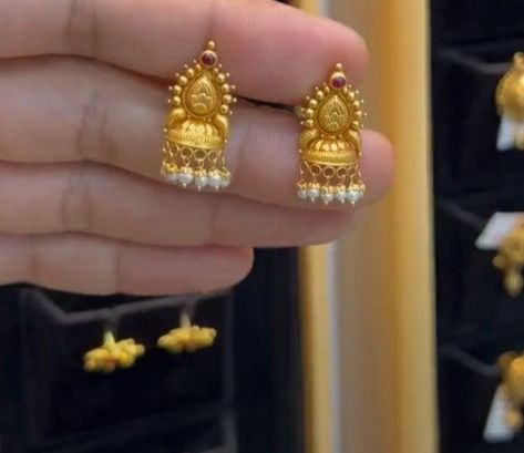 Gold Small Jumka Design, Small Size Gold Jumkas, Small Gold Buttalu Designs, Jumkas Gold With Grams, 3 Grams Gold Earrings Indian Daily Wear, Small Jhumki Earrings Gold, Gold Jumkas Design, Buttalu Earrings Gold Bridal, Jhumki Designs Gold