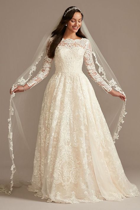 Long Sleeve Beaded Lace Folded Skirt Wedding Dress | David's Bridal Folded Skirt, Skirt Wedding Dress, Beaded Lace Wedding Dress, Dress With Pleated Skirt, Petite Wedding Dress, Wedding Dress Style, Davids Bridal Wedding Dresses, Applique Wedding Dress, Sleeve Wedding Dress