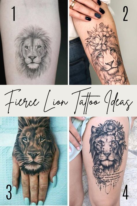 Fierce Lion Tattoo Ideas for Women + Men - TattooGlee Lion Tattoo Placement For Women, Lion Tattoo Ideas For Women, Roaring Lion Tattoo For Women, Lion Face Tattoo For Women, Protective Lion Tattoo, Fierce Lion Tattoo For Women, Lions Tattoo For Women, Lion With Crown Tattoo For Women, Lion Tattoo For Women Forearm