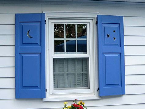 Moon & Stars - I guess the stars keep it from being too outhouse.  2-3-Shuttercraft-moon-and-stars Jendela Vintage, 1930s Fireplace, Exterior Window Shutters, Garden Shed Greenhouse, Cottage Shutters, Classic Shutters, Shutter Design, Exterior Blinds, Window Shutters Exterior