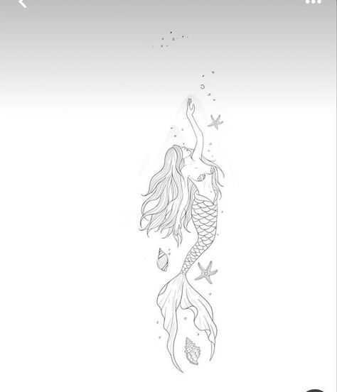 Fine Line Mermaid Tattoo, Minimalist Mermaid Tattoo, Under The Sea Tattoo Ideas, Watercolor Mermaid Tattoo, Mermaid Outline, Little Mermaid Tattoo, Sea Tattoo, Sea Siren, Watercolor Mermaid