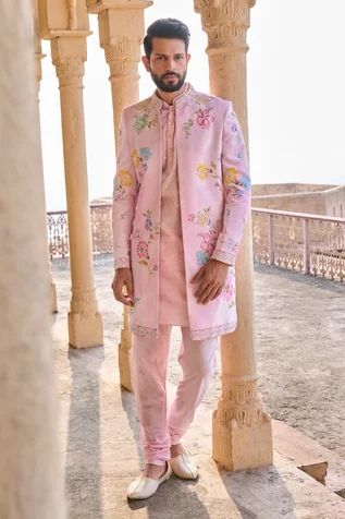 Shop for Lashkaraa Pink Velvet Bead Embroidered Sherwani Set for Men Online at Aza Fashions Pink Sherwani, Embroidered Sherwani, Printed Embroidery, Indian Bridal Fashion, Beaded Neckline, Satin Color, Sherwani, Full Sleeves, Pink Velvet