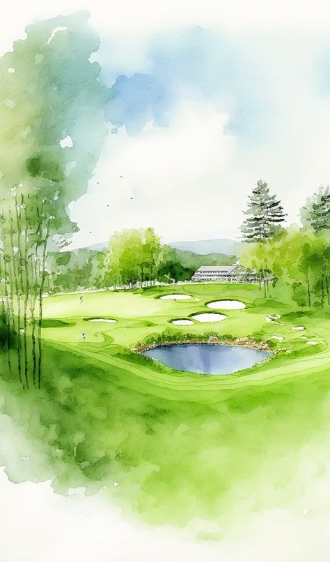 Laminated card with rounded corners. Size: 2.5” x 4.25” Watercolor painting of a golf course SP64 Watercolor Golf Art, Golf Course Art, Golf Course Painting, Golf Watercolor, Golf Nursery, Golf Drawing, Golf Painting, Course Ideas, Whimsical Art Paintings