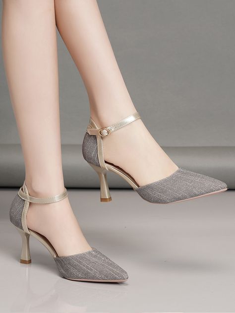 Grey Glamorous Collar   Plain Ankle Strap Embellished   Women Shoes Korean Footwear, Korean Heels, Elegant Shoes Heels, Fancy Sandals, Korean Shoes, Pretty Heels, Lady Shoes, Cute Shoes Heels, Grey Heels