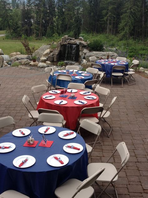 Varying the table cloth colors (or centerpiece colors) would be a great idea! Military Send Off Party Ideas, Usmc Retirement, Marine Graduation, Tablecloth Ideas, Deployment Party, Military Retirement Parties, Army Retirement, Eagle Scout Ceremony, Baseball Theme Birthday