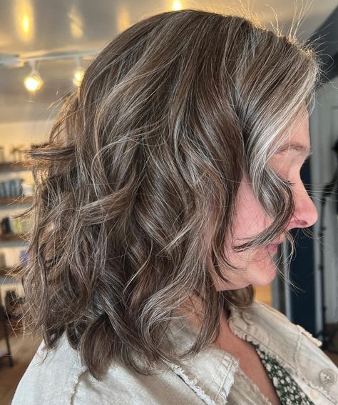 Brown Hair Gray Blending Razor Cut Hair, Gray Blending, Platinum Blonde Balayage, Hair Shade, Grey Highlights, Subtle Balayage, Wavy Lob, Hair Adviser, Warm Skin Tone