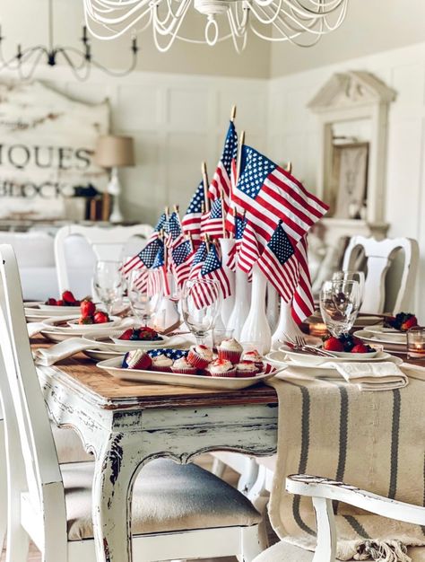 Elegant Patriotic Decor, 4th Of July Kitchen Decor, Americana 4th Of July, Memorial Day Tablescapes, July 4th Decorations Home Decor, Americana Cottage, 4th Of July Home Decor, Patriotic Table Decorations, July Home Decor