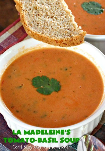 LaMadeleine's Tomato-Basil Soup | Can't Stay Out of the Kitchen | Easy 30-minute #soup that's perfect comfort food for the fall. This is the #LaMadeleines #tomatobasilsoup #recipe that was provided to #DallasMorningNews. #tomatoes #basil #glutenfree #tomatosoup Copycat Tomato Basil Soup, La Madeleine Tomato Basil Soup, Tomato Basil Soup Recipe, Roasted Tomato Basil Soup, Parmesan Soup, Tomato Dishes, Canning Whole Tomatoes, Empanada Recipe, Basil Soup