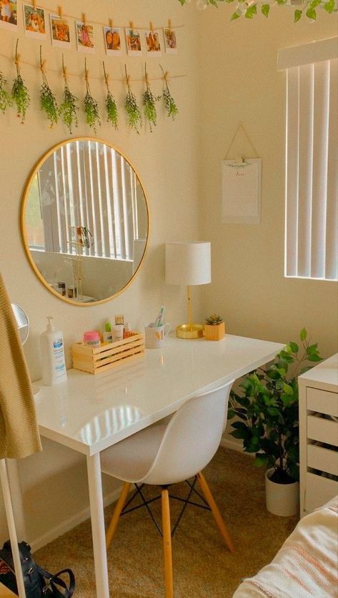 Pastel Yellow Aesthetic Bedroom Ideas, White And Yellow Room Aesthetic, Desk Chair For Small Bedroom, Yellow Pastel Room, Yellow Bedroom Ideas For Women, Pastel Yellow Room Ideas, Desk With Mirror On Wall, Pastel Yellow Bedroom Walls, Yellow Wall Room Aesthetic