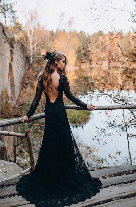 NEW Lace Black Wedding Dress With Deep V Back Black Lace | Etsy A Black Wedding, Black Lace Wedding Dress, Black Lace Wedding, Black Wedding Gowns, Backless Lace Wedding Dress, Reception Dresses, Black Wedding Dress, Dark Wedding, Bridal Dresses Lace