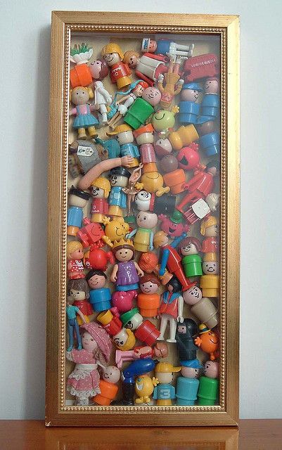 Plastic toys in a box frame  Finally - a use for the box frame I bought from a charity shop two years ago thinking, 'that'll come in handy f... Old Vanity, Kids Memories, Plastic Toys, Children's Toys, Shadow Boxes, Old Toys, Displaying Collections, Fisher Price, Box Frames