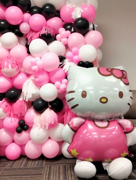 This Hello Kitty themed balloon wall was made for a co worker who loves Hello Kitty Hello Kitty Wall Collage, Sanrio Balloon Garland, Birthday Balloon Wall, Hello Kitty Balloon, Hello Kitty Wall Art, Collage Printables, Balloon Walls, Hello Kitty Birthday, Diy Backdrop