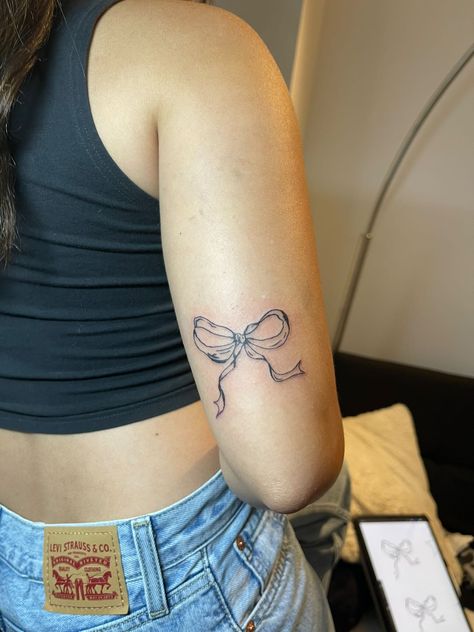 Knee Bow Tattoo, Bow On Neck Tattoo, Bow Arm Tattoo, Bow On Back Of Neck Tattoo, Bow Tattoo Collarbone, Bone Tattoos, Above Elbow, Bow Tattoo, Petite Tattoos