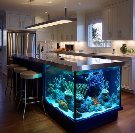 Kitchen-Island-Aquarium-design Fish Tank In Kitchen, Big Aquarium Living Rooms, Wall Aquarium Design, Modern Fish Tank, Island Aquarium, Saltwater Fish Tank, Saltwater Aquarium Setup, Water Inspiration, Bedroom Sets Furniture Queen