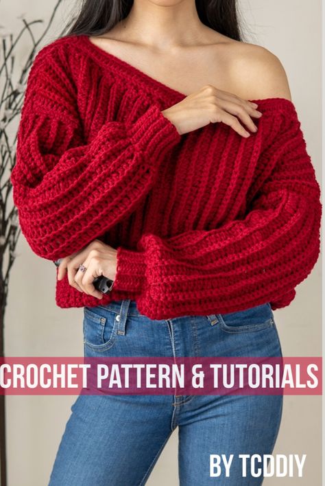 Crochet Off The Shoulder Sweater, Cowl Neck Sweater Pattern, Off The Shoulder Jumper, Jumper Pattern, Crochet Crop Top Pattern, Womens Crochet Patterns, Jumper Patterns, Step By Step Crochet, Off The Shoulder Sweater