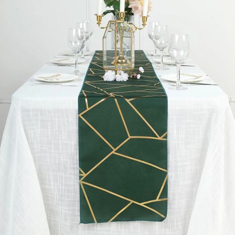 9FT Hunter Emerald Green Geometric Table Runner With Gold Foil Patterns | eFavorMart Green Table Runner, Geometric Table, Emerald Green Weddings, Golden Pattern, Table Runners Wedding, Stylish Tables, Green Table, Restaurant Decor, Chic Decor