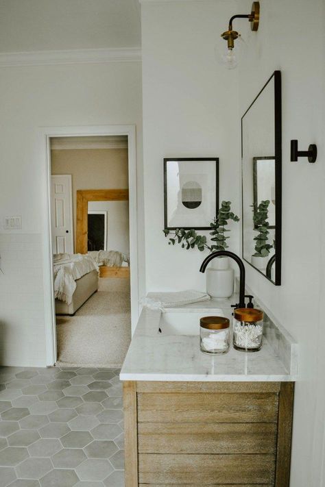 Modern Eclectic Bathroom, White Subway Tile Bathroom, Wooden Bathroom Vanity, Eclectic Bathroom, Modern Eclectic, Diy Bathroom Remodel, Wooden Bathroom, White Subway Tile, Renovation Design