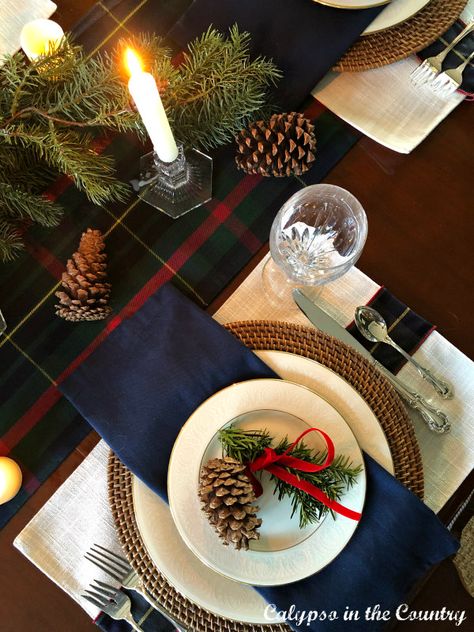 Plaid Christmas table runner and blue and white place setting Christmas Dinner Party Table Decor, Traditional Christmas Table, Dinner Party Table Decor, Beauty Bar Salon, Christmas Dinner Table Settings, Christmas Dining Table Decor, Xmas Table Decorations, Christmas Place Settings, Christmas Table Setting