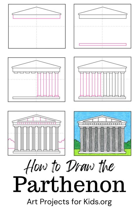 Greece Easy Drawing, Athens Greece Drawing, Parthenon Drawing Architecture, Greece Drawing Simple, Parthenon Drawing, Greece Painting Easy, Ancient Greece Drawing, Ancient Rome Architecture, Greece Project