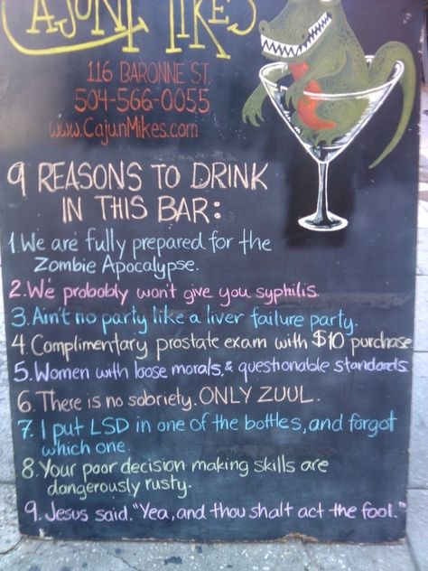 9 reason to drink in this bar... I need this sign!! Chalkboard Bar, Epic Fail Photos, Doug Funnie, Funny Bar Signs, Hey Bartender, Anne Taintor, Funny Sites, Funny P, Liver Failure