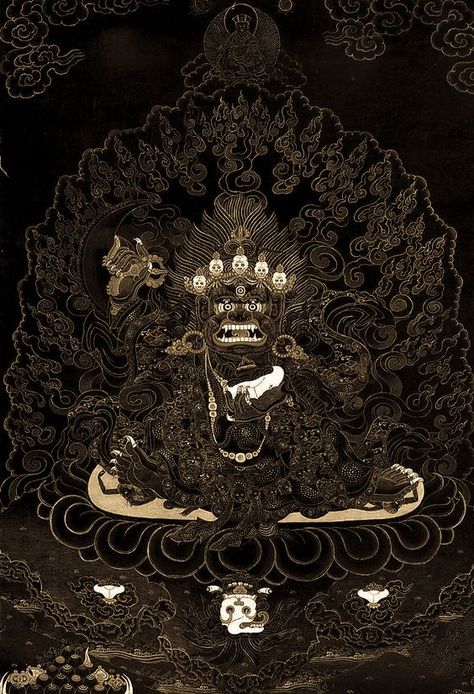 Tibetan Buddhist Thangka of Mahakala (gold on black) Buddhist Iconography, Thangka Painting, Tibetan Art, Tibetan Buddhism, Tibetan Buddhist, Buddha Art, Buddhist Art, God Art, Hindu Art