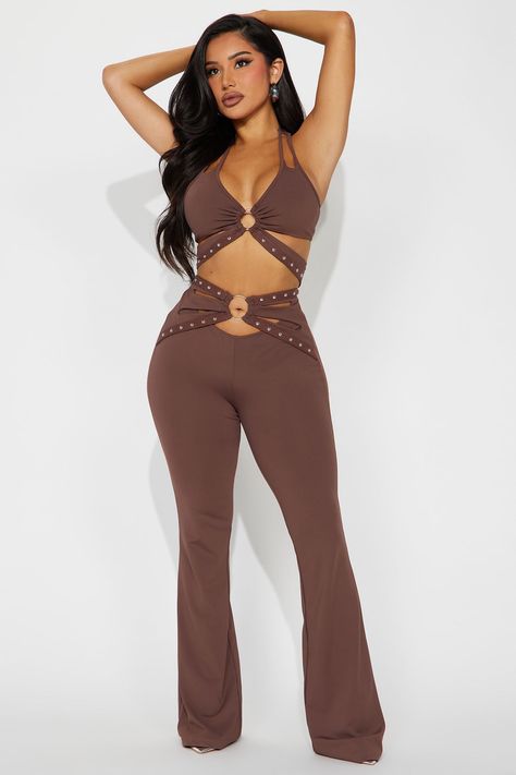 Available In Black And Chocolate. Pant Set Halter Top Scoop Neck Hardware Detail Cut Out Flare Pant Elastic Waistband Stretch 33" Inseam 80% Polyester 20% Spandex Imported | Myla Strappy Pant Set in Chocolate Brown size Medium by Fashion Nova Brown 2 Piece Outfit, Black Baddies Outfit, Fashion Nova Outfits Baddie, Chocolate Fashion, Two Piece Set Pants, Fashion Nova Outfits, Flare Pant, Magic Art, Baddie Outfits Casual