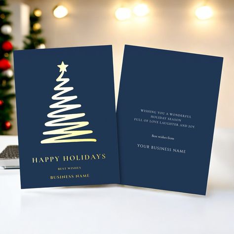 A sophisticated, contemporary corporate holiday card featuring a sleek foil overlay Christmas tree on a navy blue backdrop. The greeting and company name can be customized to perfectly reflect your business. An elegant and polished design that will make a lasting impression this holiday season!⁠ #zazzlemade #business #christmascards #editabletemplate #minimaldesigns #xmas #moderncards Business Christmas Card, Postcard Ideas, Corporate Holiday Cards, Business Christmas Cards, Business Christmas, Business Holiday Cards, Christmas Modern, Blue Backdrops, Holiday Greeting