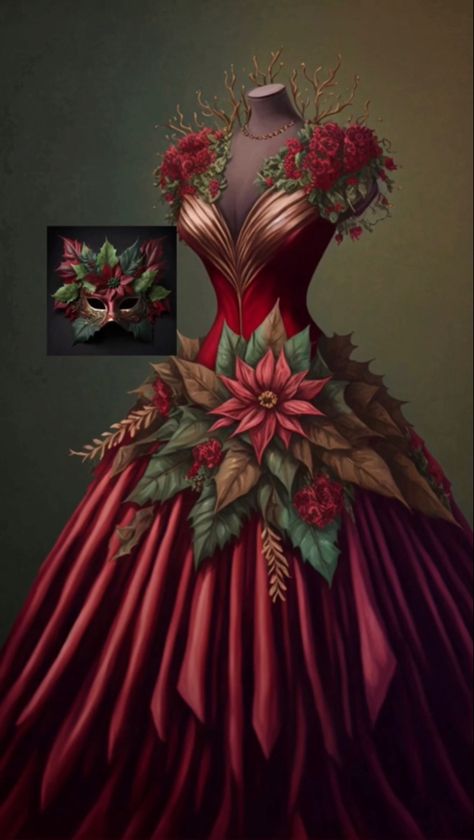 Christmas Dress Fantasy Art, Christmas Ball Gowns, Winter Masquerade Ball, Fantasy Masquerade Ball, Floweral Design, Mrs Claus Dress, Big Ball Gowns, Masquerade Gown, Christmas Masquerade