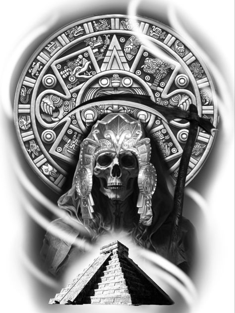 Aztec mayan santa muerte tattoo desing for men art drawing diseño Mexican Pyramid Tattoo, Jalisco Tattoo Ideas, Aztec Pyramid Tattoo Design, Aztec Drawing Sketches, Men Art Drawing, Shoulder Tattoo Men Black, Santa Muerte Drawing Tattoo, Aztec Gods Tattoo, Santa Muerte Tattoo Stencil