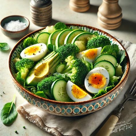 Keto Avocado and cucumber salad with steamed broccoli, and boiled eggs 🥑 Fueling up with a fresh and vibrant keto avocado and cucumber salad with steamed broccoli and boiled eggs! 🥑🥦 Healthy never looked so good! 🌿 Want delicious recipes? Grab your FREE Keto Cookbooks and a 7-Day Fat-Burning Meal Plan now! 🍽️✨ 🌟 Ready to transform your life with the keto diet? 🌟 If you're new to keto or looking to restart your journey, avoid the common pitfalls with the Custom Keto Diet plan! 🍽️✨ ✅ Lose... Avocado And Cucumber, Boiled Egg Salad, Eggs Healthy, Fat Burning Meal Plan, Steamed Broccoli, Custom Keto Diet, Keto Cookbook, Boiled Egg, Egg Salad