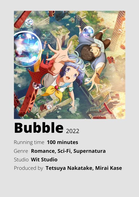 Bubble Anime Movie Anime Minimalist poster 😊 Information taken from myanimelist.net and wikipedia.org Anime To Watch, Blouses Casual, Japanese Animated Movies, Anime Suggestions, Anime List, Animes To Watch, Poster Anime, Film Anime, Anime Printables