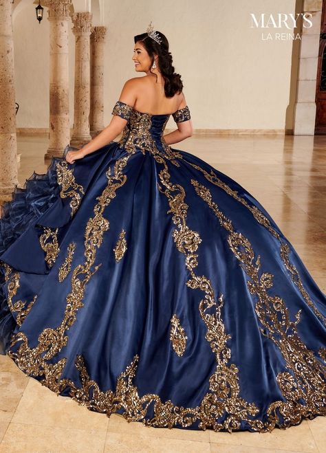 Navy blue Quinceañera dress, ballgown, XV años, sweet 16, La Reina, Mary’s, gold accents, long train, Lina V Quinceañera, Houston, TX, Harwin Navy Blue Quinceanera Dresses, Blue Quince Dress, Royal Blue Quinceanera Dresses, Royal Blue Quinceanera, Xv Dresses, Blue And Gold Dress, Quinceanera Themes Dresses, Charro Quinceanera Dresses, Quinceanera Dresses Gold