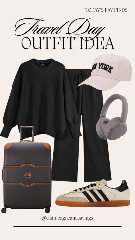 Airport outfit idea that is comfy and chic! Love this casual outfit idea for your next trip. Love the black matching loungewear set, chic luggage and trendy women’s sneakers. Follow for more women's fashion and outfit ideas. What To Wear With Sweatpants, Sweatpants Outfit Women, Styling Sweatpants, Travel Day Outfit, Matching Loungewear Set, Casual Outfit Idea, Airport Outfits, Sweatpants Outfit, Womens Trendy Tops