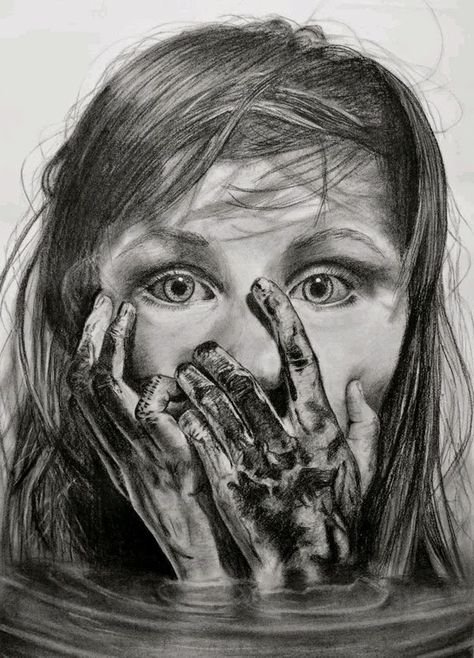 Scared little girl Drawing Wolves, Drawings Techniques, Photorealistic Drawings, Charcoal Artwork, Emotional Painting, Drawing Designs, Lip Drawing, Drawing Realistic, Draw Realistic