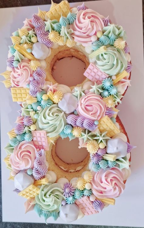 How To Make A Number 8 Cake, #6 Cake, Buttercream Number Cake, Girly Number Cake, Number 8 Birthday Cake Ideas, Girl Number Cake, Cake 8th Birthday Girl, Number 8 Cupcakes, Pastel Number Cake