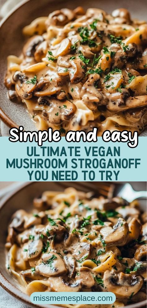 Dive into this easy and creamy Vegan Mushroom Stroganoff that’s perfect for a cozy dinner! Made with sautéed mushrooms, onions, and garlic, this dish is elevated with a rich coconut milk sauce that’s completely dairy-free. Serve it over your favorite pasta or grains for a hearty meal that everyone will love, vegan or not! This recipe is not only quick to prepare but also packed with flavors that will satisfy your cravings. Discover how to make this comfort food staple today! Mushroom Pasta Recipes Vegan, Strogonoff Recipes, Non Meat Dinners, Oyster Mushroom Pasta Recipe, Mushroom Vegan Recipes, Easy Mushroom Stroganoff, Mushroom Pasta Bake, Recipe With Mushrooms, Coconut Milk Sauce