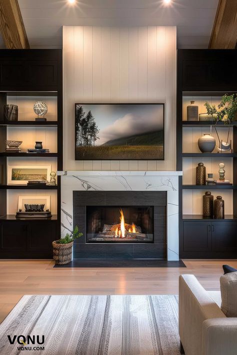 Modern fireplace with built-in shelving and elegant decor, featuring a combination of light and dark tones and a cozy fire. Modern Fireplace Wall Living Room Stone, Modern Living Room With Chimney, Fireplace Furniture Ideas, Modern Fireplace Floating Shelves, Living Room Fireplace Shelving, Family Room Brick Fireplace, Fireplace With Dark Built In Cabinets, Living Room Built In Cabinets With Fireplace, Shelving Ideas Around Fireplace