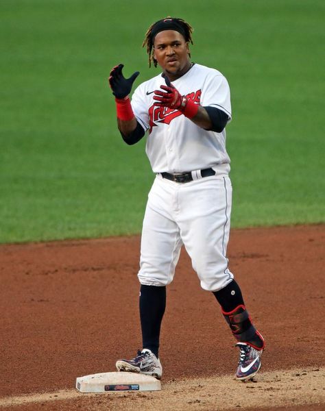 Cleveland Indians Jose Ramirez reacts after hitting a double against the Chicago White Sox in the first inning of game two of a double header at Progressive Field. July 28, 2020. Indians won game two of doubleheader 5-3 Kansas Jayhawks Basketball, Jose Ramirez, Cleveland Indians Baseball, Cleveland Baseball, Indians Baseball, Cleveland Guardians, Kentucky Basketball, Base Ball, Duke Basketball