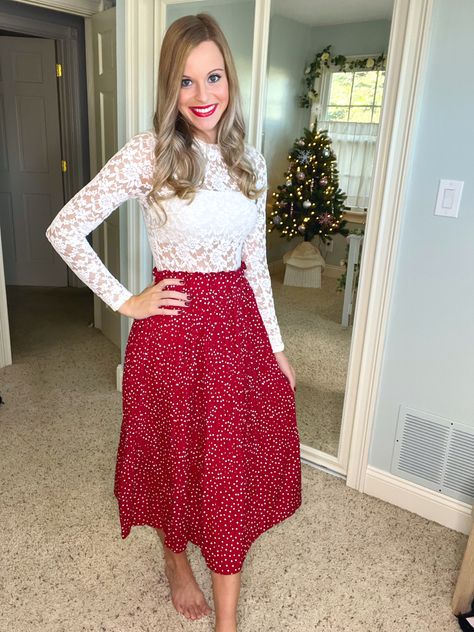 White Polka Dot Skirt Outfit, Red Skirt Winter, Red Bodysuit Outfit, Polka Dot Skirt Outfit, Dot Skirt Outfit, Red Polka Dot Skirt, Polka Skirt, Holiday Outfit Inspiration, White Polka Dot Shirt