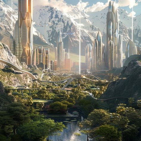 Step into the future where nature meets innovation! 🌍✨ Towering structures, pristine waters, and majestic snow-capped peaks create a breathtaking harmony of technology and the natural world. 🌿🚀 #FutureCity #NatureAndTech #SciFiDream #InnovationMeetsNature #FuturisticVibes Sci Fi Fantasy Aesthetic, Futuristic City Art, Future Cityscape, Utopian City, Sci Fi Aesthetic, Scifi City, Futuristic World, Futuristic Cityscape, Future Earth