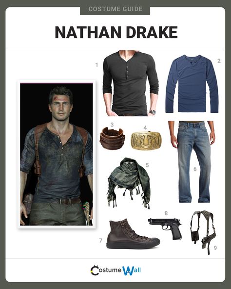 The best cosplay guide for dressing like Nathan "Nate" Drake, the lead playable character from the Uncharted video game series. Drake Fashion, Drake Clothing, Video Game Outfits, Costume Guide, Captain America Movie, Geek Clothes, Nathan Drake, Adventure Outfit, Fantasias Halloween