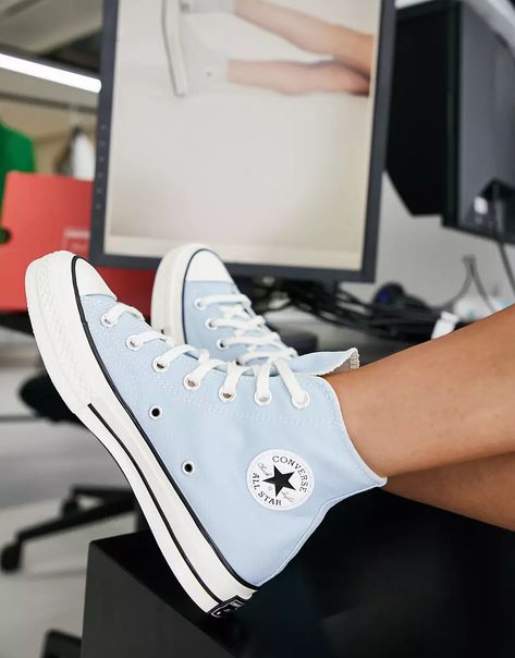 Converse Chuck Taylor 70 trainers in baby blue | ASOS Cute Converse Colors, Cute Aesthetic Shoes, Blue Converse Outfit, Converse Bleu, Blue Converse High Tops, Converse Colors, Baby Blue Converse, Converse Haute, Light Blue Converse