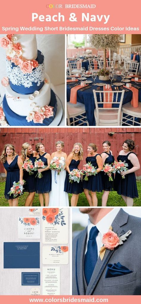 Navy Peach Wedding, Navy Spring Wedding, Wedding Flowers Table, Peach Wedding Colors, Different Wedding Ideas, Peach Bridesmaid, Peach Bridesmaid Dresses, Spring Bridesmaid Dresses, Navy Bridesmaids