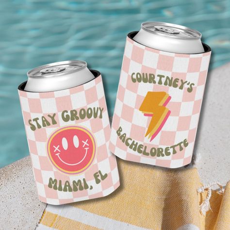 This groovy retro bachelorette Can Cooler is customizable and perfect for keeping your drink cold in style. It gives off a fun and festive vibe, making it great for your reto bachelorette party.  Product features - 100% Polyester exterior for durability - 100% Foam liner interior for stability - Vibrant colors with edge-to-edge print - Lightweight and smooth material - Available in Regular Can and Slim Can sizes Care instructions - Wipe with a damp cloth, air dry or use a soft, non-abrasive cloth Bachelorette Koozies, Bridesmaids Gifts, Bachelorette Party, Wedding Gifts, Vibrant Colors