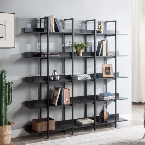 PRICES MAY VARY. Retro Industrial Style- KIVENJAJA 5 shelf bookcase features a minimalist design. Black finish metal frame and wood-grain panels make the shelf a vintage look, which blends in with any themed room and makes an impression. Triple Wide 5-Tire Large Shelves- Size: 70.87 "W x 11.81 "D x 70.87 "H. Space between shelves: 13.98". This industrial bookshelf maximizes vertical storage space for displaying your favorite reads, collections, photos and keeping your home organized. Stable and Open Bookshelf, Office Bookshelves, Open Display Shelf, Display Bookcase, Industrial Bookshelf, Industrial Bookcases, Open Bookshelves, Modern Bookshelf, 5 Shelf Bookcase