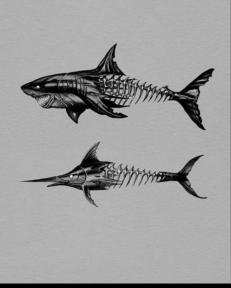 Sea Fish Tattoo, Skeleton Fish Tattoo, Shark Skeleton Tattoo, Hell Tattoo Ideas, Fish Skeleton Tattoo, Shark Skeleton, Tattoo Shark, Shark Tattoo Ideas, Hai Tattoo