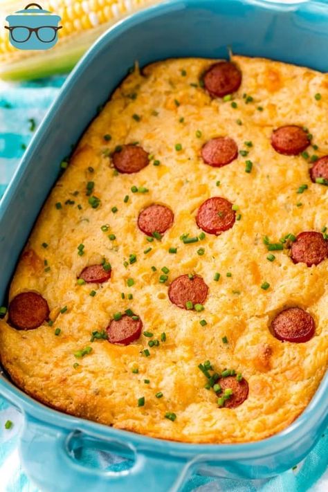 This Hot Dog Corn Casserole recipe is corn casserole with a twist that both kids and adults will love when it hits the dinner table! Chili Corndog Casserole, Corndog Casserole Jiffy, Corn Dog Casserole Jiffy, Hot Dog Cornbread Casserole, Recipe With Hot Dogs, Recipes Using Hot Dogs, Wors Geregte, Corn Dog Casserole, Cooking Cheap