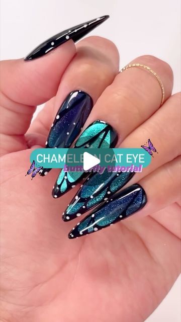 Spring Cat Eye Nails 2024, Halo Cat Eye Nails, Nail Art Magnetic Polish, Butterfly Cat Eye Nails, Cat Eye Butterfly Nails, Butterfly Chrome Nails, Spring Cat Eye Nails, Cat Eye Nail Art Design, Fun Chrome Nails