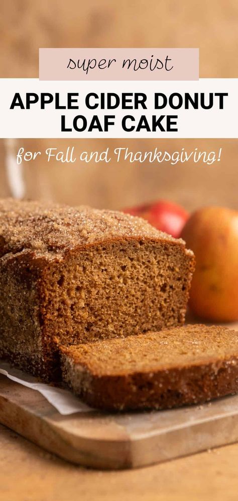 This apple cider donut bread brings the flavors of fall right into your kitchen with every slice. The reduced apple cider and warm spices make this quick bread taste just like a fresh apple cider doughnut, complete with a cinnamon sugar coating on the sides of the cake. Perfect for this time of year, it's easy to bake and even better with a cup of coffee! Apple Cider Donut Bread, Apple Cider Bread, Apple Cider Doughnut, Donut Bread, Apple Cider Donuts Recipe, Different Types Of Bread, Spiced Apple Cider, Breads & Buns, Doughnut Cake